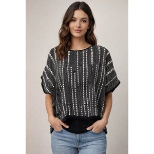 tonlé Tonle Black and White Woven Upcycled Fabric Top Oversized Knit Sweater Top